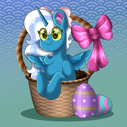 Size: 1524x1522 | Tagged: safe, artist:endergurl22, oc, oc:fleurbelle, alicorn, pony, adorabelle, basket, bow, chest fluff, cute, easter, easter basket, easter egg, female, hair bow, holiday, mare, ocbetes, wingding eyes, yellow eyes