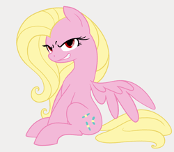 Size: 1008x880 | Tagged: safe, alternate version, artist:dotkwa, fluttershy, oc, oc:shutterfly, pegasus, pony, g4, colored, evil smile, female, flat colors, gray background, grin, mare, not buttershy, palette swap, recolor, simple background, sitting, smiling