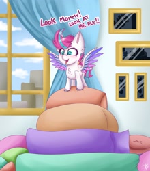 Size: 2006x2275 | Tagged: safe, artist:galaxy swirl, zipp storm, pegasus, pony, g5, my little pony: a new generation, spoiler:g5, adorazipp, chest fluff, cushion, cute, female, filly, filly zipp storm, foal, happy, high res, open mouth, open smile, pillow, smiling, solo, spread wings, unshorn fetlocks, weapons-grade cute, wings, younger