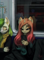 Size: 2973x4096 | Tagged: safe, artist:amishy, oc, oc only, oc:sheron, unicorn, anthro, cellphone, duo, earbuds, eyes closed, female, food, high res, lidded eyes, looking down, mare, metro, phone, reflection, smartphone, subway