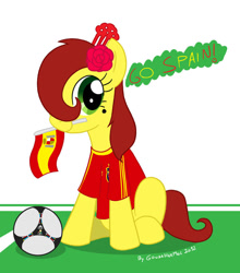 Size: 755x857 | Tagged: safe, artist:gonzahermeg, pony, flag, football, mouth hold, solo, spain, sports