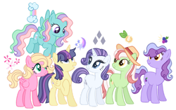 Size: 1280x806 | Tagged: safe, artist:s0ftserve, oc, oc only, oc:apple tart, oc:berry pop, oc:galaxy nova sparklestar, oc:honeysuckle, oc:opal radiance, oc:rainbow skies, alicorn, earth pony, pegasus, pony, unicorn, alicorn oc, base used, earth pony oc, female, hat, horn, mare, next generation, offspring, parent:applejack, parent:big macintosh, parent:fancypants, parent:flash sentry, parent:flim, parent:fluttershy, parent:pinkie pie, parent:pokey pierce, parent:rainbow dash, parent:rarity, parent:twilight sparkle, parent:zephyr breeze, parents:flashlight, parents:flimjack, parents:fluttermac, parents:pokeypie, parents:raripants, parents:zephdash, pegasus oc, simple background, sun hat, transparent background, unicorn oc, wings