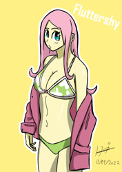 Size: 595x842 | Tagged: safe, artist:helsaabi, fluttershy, human, equestria girls, g4, belly button, bikini, breasts, cleavage, clothes, looking at you, outline, shirt, simple background, solo, swimsuit, white outline, yellow background