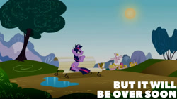 Size: 1280x720 | Tagged: safe, edit, edited screencap, editor:quoterific, screencap, twilight sparkle, pony, unicorn, g4, lesson zero, season 2, bench, female, mare, messy mane, solo, sun, text, unicorn twilight