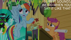 Size: 1280x720 | Tagged: safe, edit, edited screencap, editor:quoterific, screencap, rainbow dash, scootaloo, pegasus, pony, g4, season 8, the washouts (episode), balloon, clubhouse, crusaders clubhouse, duo, duo female, female, filly, flying, foal, frown, mare, open mouth, poster, smiling, spread wings, text, the washouts, wings