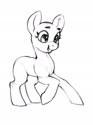 Size: 1535x2048 | Tagged: safe, artist:dimfann, earth pony, pony, eyebrows, grayscale, looking at something, looking down, monochrome, no mane, no tail, open mouth, open smile, raised hoof, simple background, sketch, smiling, solo, standing, three quarter view, white background