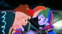 Size: 600x336 | Tagged: safe, screencap, applejack, rainbow dash, human, equestria girls, g4, my little pony equestria girls: summertime shorts, raise this roof, animated, bare shoulders, belt, clothes, cowboy hat, cutie mark on clothes, dancing, duo, duo female, fall formal outfits, female, fingerless gloves, gif, gloves, hat, huh, looking at each other, looking at someone, open mouth, sleeveless, strapless, what the hay?