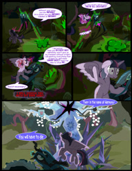 Size: 1042x1358 | Tagged: safe, artist:dendoctor, mean twilight sparkle, queen chrysalis, tree of harmony, alicorn, changeling, pony, comic:clone.., g4, alternate universe, clone, comic, energy blast, female, fire, glowing, glowing horn, green fire, horn, magic, tree, twilight sparkle (alicorn)