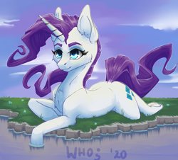 Size: 926x836 | Tagged: safe, artist:xzjeep, rarity, pony, unicorn, g4, ear fluff, female, grass, lying down, mare, prone, solo, water