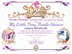 Size: 800x600 | Tagged: safe, princess cadance, shining armor, alicorn, pony, g4, official, 2012, female, hub logo, invitation, logo, male, mare, my little pony logo, royal wedding, stallion, the hub