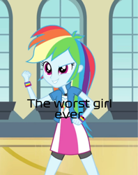 Size: 1520x1919 | Tagged: safe, edit, edited screencap, screencap, rainbow dash, human, equestria girls, g4, my little pony equestria girls: rainbow rocks, shake your tail, caption, cropped, female, grin, raised eyebrow, smiling, solo, text