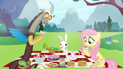 Size: 1280x720 | Tagged: safe, artist:mlplary6, angel bunny, discord, fluttershy, draconequus, pegasus, pony, g4, apple, apple slice, cake, carrot, cup, female, food, jam, male, mare, picnic, picnic blanket, salad, sandwich, ship:discoshy, shipping, straight, teacup, teapot, zap apple, zap apple jam