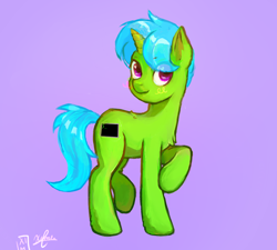 Size: 1150x1033 | Tagged: safe, artist:mishicheeto, oc, oc only, oc:green byte, pony, unicorn, commission, full body, hooves, horn, male, purple background, raised hoof, raised leg, simple background, solo, stallion, standing, tail, unicorn oc, ych result