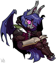Size: 875x1000 | Tagged: safe, artist:atryl, oc, oc only, oc:dusk rhine, bat pony, anthro, unguligrade anthro, book, clothes, cute, female, journal, leather armor, rule 63, simple background, solo, transparent background