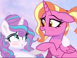 Size: 1080x809 | Tagged: safe, artist:kawaiibrxny, luster dawn, princess flurry heart, alicorn, pony, unicorn, g4, alicornified, female, flurrydawn, heart eyes, lesbian, looking at each other, looking at someone, lustercorn, older, older flurry heart, shipping, smiling, smiling at each other, wingding eyes