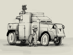 Size: 2048x1536 | Tagged: safe, artist:motley_ad, oc, changeling, pony, equestria at war mod, apc, armor, armored car, gun, machine gun, military, monochrome, simple background, sketch, vehicle, war, weapon, white background