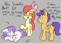 Size: 1414x1000 | Tagged: safe, artist:happy harvey, apple bloom, scootaloo, sweetie belle, earth pony, pegasus, pony, unicorn, g4, colored pupils, depressed, depression, dialogue, ear fluff, female, filly, foal, gray background, looking away, looking down, phone drawing, sad, simple background