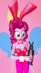 Size: 900x1600 | Tagged: safe, artist:oatmeal!, pinkie pie, human, rabbit, equestria girls, g4, 3d, animal, bowtie, breasts, bunny ears, bunny suit, busty pinkie pie, candy, chocolate, chocolate bunny, cleavage, clothes, costume, cuffs (clothes), cutie mark, cutie mark background, easter, easter bunny, food, gmod, holiday, leotard, looking at something, pantyhose, playboy bunny, red leotard, sexy, simple background, tongue out, wide eyes