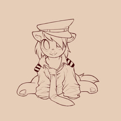 Size: 1200x1200 | Tagged: safe, artist:cold-blooded-twilight, derpy hooves, pony, g4, cap, clothes, cute, female, filly, foal, frog (hoof), hat, lineart, loose fitting clothes, monochrome, necktie, oversized clothes, pilot, pilot derpy, shirt, simple background, sitting, sketch, smiling, solo, underhoof