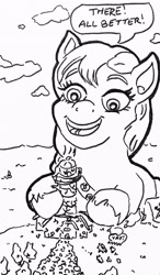 Size: 2263x3880 | Tagged: safe, artist:jamestkelley, sunny starscout, earth pony, pony, g5, cute, happy, high res, lighthouse, macro, maretime bay, monochrome, ocean, repairing, sketch, speech bubble, sunnybetes, traditional art, water