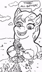 Size: 2263x3880 | Tagged: safe, artist:jamestkelley, sunny starscout, earth pony, pony, g5, cute, happy, high res, lighthouse, macro, maretime bay, monochrome, ocean, repairing, sketch, speech bubble, sunny starscout's lighthouse, sunnybetes, traditional art, water