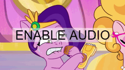 Size: 1024x576 | Tagged: safe, screencap, phyllis cloverleaf, pipp petals, earth pony, pegasus, pony, g5, mane melody, my little pony: tell your tale, spoiler:g5, spoiler:my little pony: tell your tale, spoiler:tyts01e05, animated, bald spot, caption, duo, eerie, female, lip bite, mare, oh crap, open mouth, shaver, shocked, sound, sweat, sweating profusely, text, webm, youtube link