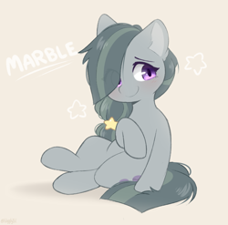 Size: 780x770 | Tagged: safe, artist:higgly-chan, marble pie, earth pony, pony, alternate hairstyle, blushing, cream background, cute, ear fluff, eye clipping through hair, female, gray coat, grey hair, hair tie, marblebetes, mare, purple eyes, signature, simple background, sitting, smiling, solo, stars, weapons-grade cute