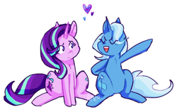 Size: 640x408 | Tagged: safe, artist:hakureiis, starlight glimmer, trixie, pony, unicorn, g4, duo, duo female, eye clipping through hair, eyebrows, eyes closed, female, heart, lesbian, mare, open mouth, open smile, ship:startrix, shipping, simple background, sitting, smiling, transparent background