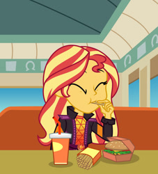 Size: 1024x1130 | Tagged: safe, artist:emeraldblast63, sunset shimmer, human, equestria girls, g4, burger, cup, drinking straw, eating, eyes closed, fast food, female, food, french fries, solo