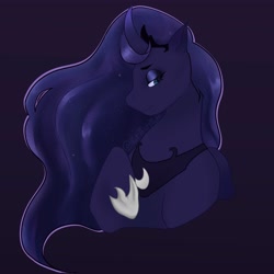 Size: 3500x3500 | Tagged: safe, artist:notthatmoth, princess luna, alicorn, pony, g4, bust, female, high res, lidded eyes, mare, portrait, raised hoof, signature, simple background, smiling, solo
