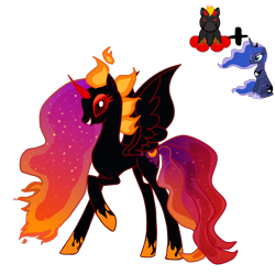 Size: 3464x3464 | Tagged: safe, artist:queenzodiac, artist:vernorexia, nightmare moon, princess luna, oc, unnamed oc, alicorn, pony, g4, base used, black coat, colored eyelashes, demon horns, evil, evil grin, fire, fusion, gradient mane, grin, high res, horns, mane of fire, princess, red eyes, red sclera, requested art, simple background, smiling, solo, spread wings, transparent background, webkinz, webkinz night mare, wings