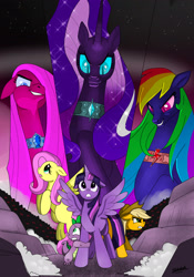 Size: 2452x3508 | Tagged: safe, artist:shikidark, applejack, fluttershy, nightmare rarity, pinkie pie, rainbow dash, spike, twilight sparkle, alicorn, pony, g4, corrupted, female, high res, mane seven, mane six, mare, nightmare pinkie, nightmare rainbow dash, nightmarified, red eyes, twilight sparkle (alicorn)