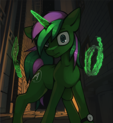 Size: 1750x1919 | Tagged: safe, artist:marsminer, part of a set, oc, oc only, oc:fine point, pony, unicorn, alley, barbed wire, glowing, glowing horn, horn, knife, male, solo, stallion, trowel, unicorn oc, watch