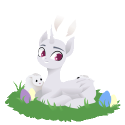 Size: 640x640 | Tagged: safe, artist:rumista, alicorn, earth pony, pegasus, pony, rabbit, unicorn, animal, animated, bunny ears, commission, easter, egg, holiday, simple background, solo, transparent background, your character here