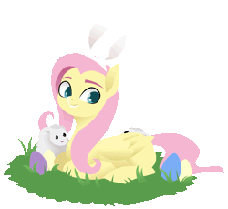 Size: 700x640 | Tagged: safe, artist:rumista, fluttershy, pegasus, pony, rabbit, g4, animal, animated, bunny ears, cute, easter, egg, holiday, shyabetes, simple background, solo, transparent background