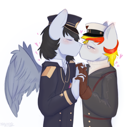 Size: 2004x2048 | Tagged: safe, artist:y32010g, oc, oc only, oc:alter ego, oc:commissar junior, earth pony, pegasus, anthro, clothes, high res, holding hands, kissing, simple background, uniform, white background
