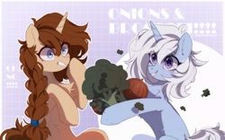 Size: 2400x1500 | Tagged: safe, artist:whiteliar, oc, oc only, oc:eula phi, oc:vird-gi, oc:virginia, pony, unicorn, angry, annoyed, broccoli, duo, female, food, frown, horn, mare, onion, smiling, unicorn oc