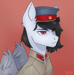 Size: 2133x2172 | Tagged: safe, artist:y32010g, oc, oc:commissar junior, pegasus, pony, equestria at war mod, clothes, hammer and horseshoe, hammer and sickle, high res, soviet, stalliongrad, uniform