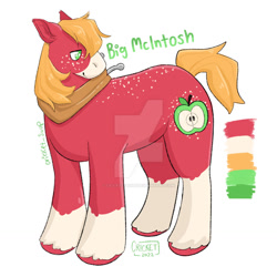 Size: 1280x1280 | Tagged: safe, artist:cricket-soup, big macintosh, earth pony, pony, g4, big macintosh's yoke, body freckles, coat markings, color palette, freckles, horse collar, male, signature, simple background, socks (coat markings), solo, stallion, white background