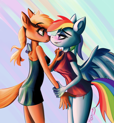 Size: 1182x1280 | Tagged: safe, artist:holy-sorrows, applejack, rainbow dash, earth pony, pegasus, anthro, g4, blushing, clothes, female, lesbian, nightgown, no pants, pajamas, ship:appledash, shipping, shirt