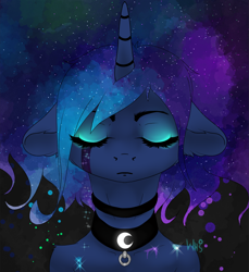 Size: 1100x1200 | Tagged: safe, artist:xzjeep, princess luna, alicorn, pony, g4, black background, bust, choker, chokerluna, collar, crying, ethereal mane, eyes closed, eyeshadow, female, floppy ears, makeup, mare, simple background, solo