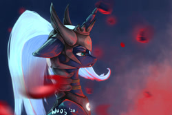 Size: 1280x854 | Tagged: safe, artist:xzjeep, princess luna, alicorn, pony, g4, alternate hairstyle, armor, bust, fangs, floppy ears, helmet, horn guard (armor), nose wrinkle, profile, solo