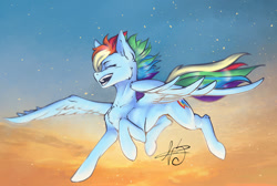 Size: 1280x858 | Tagged: safe, artist:xzjeep, rainbow dash, pegasus, pony, g4, eyes closed, flying, open mouth, open smile, sky background, smiling, solo