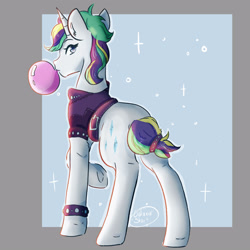 Size: 3000x3000 | Tagged: safe, artist:galaxiastar1, rarity, pony, unicorn, g4, alternate hairstyle, bubblegum, female, food, gum, high res, looking at you, looking back, looking back at you, mare, passepartout, punk, raised hoof, raripunk, rear view, short mane, short tail, solo, tail