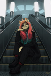 Size: 2088x3104 | Tagged: safe, artist:amishy, oc, oc only, oc:sheron, unicorn, anthro, plantigrade anthro, escalator, female, hand on chin, high res, looking at you, mare, sitting, smiling, smiling at you, solo