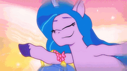 Size: 520x293 | Tagged: safe, screencap, elderberry blossom, grassy hills, izzy moonbow, kazoo (g5), molly blossom, plum library, pony, unicorn, g5, my little pony: tell your tale, sisters take flight, spoiler:g5, spoiler:my little pony: tell your tale, spoiler:tyts01e03, animated, bipedal, bridlewood, cute, female, gif, happy, izzybetes, mare, suitcase, unnamed character, unnamed pony