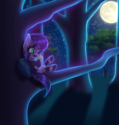 Size: 2880x3040 | Tagged: oc name needed, safe, artist:opal_radiance, oc, oc only, bat pony, pony, bat pony oc, clothes, fruit, heterochromia, high res, moon, night, open mouth, open smile, sitting, sitting in a tree, smiling, socks, solo, striped socks, tree, tree branch