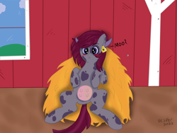 Size: 6000x4500 | Tagged: safe, artist:vespermoon, oc, oc only, oc:vesper moon, bat pony, cow, cow pony, barn, confused, cowified, ear tag, embarrassed, hay, horns, implied transformation, moo, species swap, udder