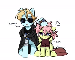 Size: 2343x1883 | Tagged: safe, artist:cottonsweets, pegasus, pony, unicorn, bandaid, cloak, clothes, duo, glasses, horn, looking at someone, raised hoof, simple background, sunglasses, watch, white background, wings