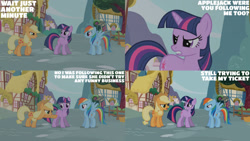 Size: 1280x720 | Tagged: safe, edit, edited screencap, editor:quoterific, screencap, applejack, rainbow dash, twilight sparkle, earth pony, pegasus, pony, unicorn, g4, season 1, the ticket master, applejack's hat, cowboy hat, female, hat, mare, open mouth, spread wings, text, trio, unicorn twilight, wings